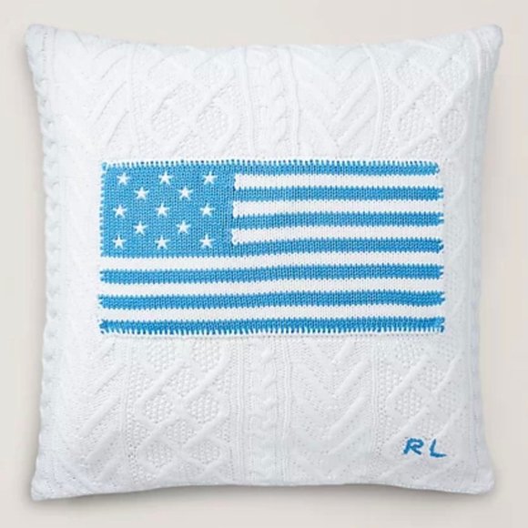 Ralph Lauren Cable Knit Flag Throw Pillow In White Blue - Picture 1 of 6